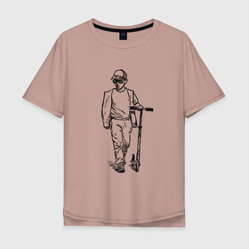 Мужская футболка хлопок Oversize с принтом Самокатер в Курске, 100% хлопок | свободный крой, круглый ворот, “спинка” длиннее передней части | крутой | самокат | чёрно белый