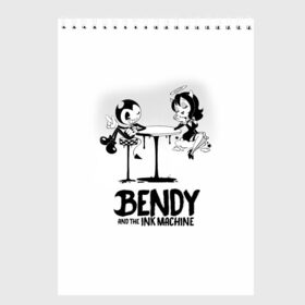 Скетчбук с принтом Bendy And The Ink Machine в Курске, 100% бумага
 | 48 листов, плотность листов — 100 г/м2, плотность картонной обложки — 250 г/м2. Листы скреплены сверху удобной пружинной спиралью | bendy | bendy and the ink machine | бенди | бени | бенни | бэнди | детская | детям | игра | капли | компьютерная игра | краска | машина | подтеки | ужастик | чернила | чернильная