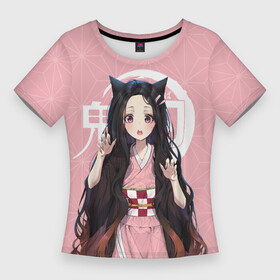 Женская футболка 3D Slim с принтом Незуко розовый в Курске,  |  | kimetsu no yaiba | nezuko | tanjiro kamado | zenitsu agatsuma | камадо | клинок рассекающий демонов | незуко | танджиро камадо