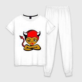 Женская пижама хлопок с принтом Дьяволица в Курске, 100% хлопок | брюки и футболка прямого кроя, без карманов, на брюках мягкая резинка на поясе и по низу штанин | devil | дьявол | дьяволица | черт | чертенок