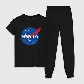 Женская пижама хлопок с принтом SANTA \ NASA. в Курске, 100% хлопок | брюки и футболка прямого кроя, без карманов, на брюках мягкая резинка на поясе и по низу штанин | 