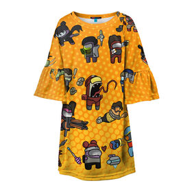 Детское платье 3D с принтом Among Us в Курске, 100% полиэстер | прямой силуэт, чуть расширенный к низу. Круглая горловина, на рукавах — воланы | among us | cosmos | game | space | амогас | игра | космос | среди нас