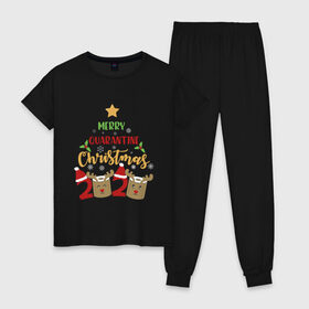 Женская пижама хлопок с принтом Merry Quarantine Christmas. в Курске, 100% хлопок | брюки и футболка прямого кроя, без карманов, на брюках мягкая резинка на поясе и по низу штанин | 