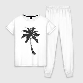 Женская пижама хлопок с принтом Пальма в Курске, 100% хлопок | брюки и футболка прямого кроя, без карманов, на брюках мягкая резинка на поясе и по низу штанин | palm | дерево | жаркие страны | кокосы | море | отдых | черно белый | черный | экзотика