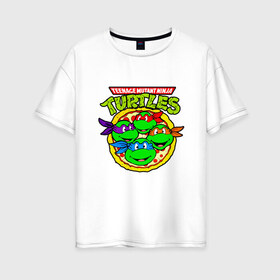 Женская футболка хлопок Oversize с принтом Ninja Turtles в Курске, 100% хлопок | свободный крой, круглый ворот, спущенный рукав, длина до линии бедер
 | donatello | leonardo | michelangelo | ninja | pizza | raphael | turtles | воин | донателло | животные | карате | комикс | комиксы | леонардо | микеланджело | мультфильм | мутант | мутанты | ниндзя | пицца | рафаэль | сплинтер