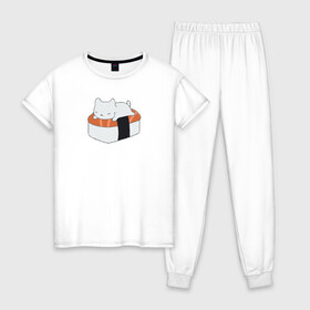 Женская пижама хлопок с принтом Суши в Курске, 100% хлопок | брюки и футболка прямого кроя, без карманов, на брюках мягкая резинка на поясе и по низу штанин | вкусняшка | котейка | любовь | милый