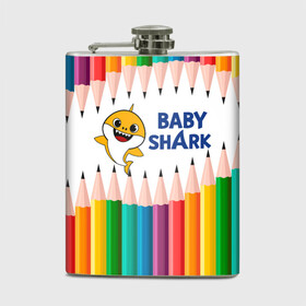 Фляга с принтом Baby Shark в Курске, металлический корпус | емкость 0,22 л, размер 125 х 94 мм. Виниловая наклейка запечатывается полностью | Тематика изображения на принте: baby | baby shark | shark | акула | анимация | бэби | бэби шарк | дети | мультфильм | песня | ребенок | шарк