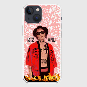 Чехол для iPhone 13 mini с принтом KIZARU в Курске,  |  | death in a cloak | explosion | haunted family lettering | haunted family print | kizaru | rapper | tattoos | белые кляксы | взрыв | кизару | надпись haunted family | певец | принт haunted family | розовый | рэпер | татуировки |