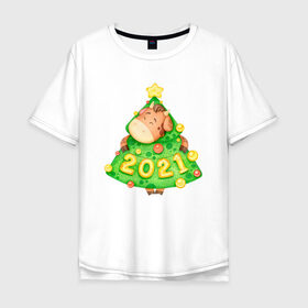Мужская футболка хлопок Oversize с принтом Год быка 2021 Елочка-бычок в Курске, 100% хлопок | свободный крой, круглый ворот, “спинка” длиннее передней части | 