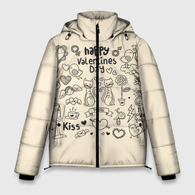 Мужская зимняя куртка 3D с принтом Happy Valentines day в Курске, верх — 100% полиэстер; подкладка — 100% полиэстер; утеплитель — 100% полиэстер | длина ниже бедра, свободный силуэт Оверсайз. Есть воротник-стойка, отстегивающийся капюшон и ветрозащитная планка. 

Боковые карманы с листочкой на кнопках и внутренний карман на молнии. | Тематика изображения на принте: angel | arrow | birds | butterfly | coffee | couple | diamond | flower | heart | kiss | letter | ring | valentine | ангел | бабочка | бриллиант | валентинка | кольцо | кофе | парочка | письмо | поцелуй | птицы | сердце | стрела | цветок