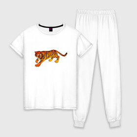 Женская пижама хлопок с принтом Тигр в Курске, 100% хлопок | брюки и футболка прямого кроя, без карманов, на брюках мягкая резинка на поясе и по низу штанин | животные | звери | кошки | крупные | млекопитающее | ревущий | сердитый | тигр