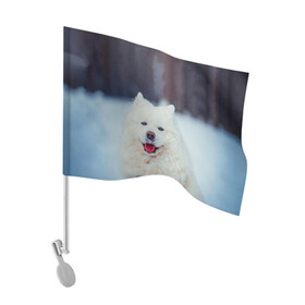 Флаг для автомобиля с принтом САМОЕД в Курске, 100% полиэстер | Размер: 30*21 см | animals | dog | winter | домашние | друг | животные | звери | зима | лайка | пес | песель | природа | пушистый | самоед | собаки | собачка | хаски