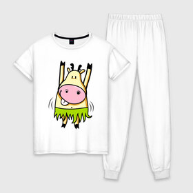 Женская пижама хлопок с принтом Веселая корова в Курске, 100% хлопок | брюки и футболка прямого кроя, без карманов, на брюках мягкая резинка на поясе и по низу штанин | 