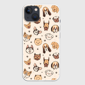 Чехол для iPhone 13 с принтом Хипстерские собачки в Курске,  |  | 100 эко | dog | dogs | hipster | old school | pattern | retro | vintage | бульдог | винтаж | дог | лапки | мопс | на стиле | нарисованные | отпечаток | паттерн | псы | пудель | ретро | рисунки | рисунок | скетч | следы лап | стиль