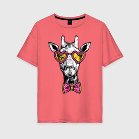 Женская футболка хлопок Oversize с принтом Жираф хипстер в Курске, 100% хлопок | свободный крой, круглый ворот, спущенный рукав, длина до линии бедер
 | butterfly | cool | ears | eyes | fashion | giraffe | hipster | horns | hype | muzzle | бабочка | глаза | жираф | круто | очки | рога | уши