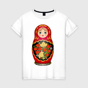 Женская футболка хлопок с принтом Матрешка Снегурка Хохлома в Курске, 100% хлопок | прямой крой, круглый вырез горловины, длина до линии бедер, слегка спущенное плечо | 