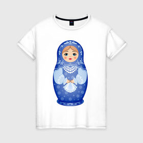 Женская футболка хлопок с принтом Матрешка Снегурка Гжель в Курске, 100% хлопок | прямой крой, круглый вырез горловины, длина до линии бедер, слегка спущенное плечо | Тематика изображения на принте: 