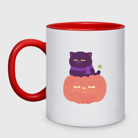 Кружка двухцветная с принтом Хеллоуиновский кот в Курске, керамика | объем — 330 мл, диаметр — 80 мм. Цветная ручка и кайма сверху, в некоторых цветах — вся внутренняя часть | Тематика изображения на принте: арт | ведьма | кот | кошка | рисунок | сладость чупа чупс | тыква | хеллоуин | хэллоуин | чёрная кошка | чёрный кот | шарф