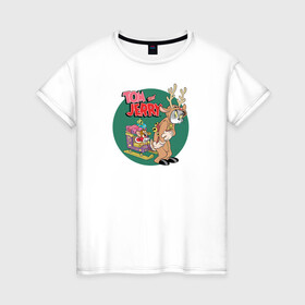Женская футболка хлопок с принтом Tom and Jerry в Курске, 100% хлопок | прямой крой, круглый вырез горловины, длина до линии бедер, слегка спущенное плечо | tom and jerry | vdkimel | warner bros | новый год | олень | подарки | сани | санта клаус | том и джерри