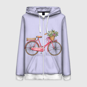 Женская толстовка 3D на молнии с принтом Bicycle в Курске, 100% полиэстер | длина до линии бедра, манжеты и пояс оформлены мягкой тканевой резинкой, двухслойный капюшон со шнурком для регулировки, спереди молния, по бокам два кармана | букет | велосипед | лето | цветы