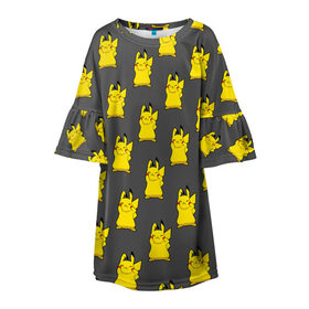 Детское платье 3D с принтом Пикачу эмодзи в Курске, 100% полиэстер | прямой силуэт, чуть расширенный к низу. Круглая горловина, на рукавах — воланы | Тематика изображения на принте: baby | cartoon | emoji | happy | kawaii | pika pika | pikachu | pokemon go | team | детям | зайчик | иви | кавайный | кролик | малыш | мордочка | мультяшный | персонажи аниме | пика пика | пикачу | покемоны | улыбка | ушки | щеки | эмоции | 