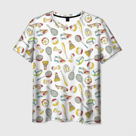 Мужская футболка 3D с принтом спорт в Курске, 100% полиэфир | прямой крой, круглый вырез горловины, длина до линии бедер | бита | весы | воланчик | гантеля | кроссовок | мяч | ракетка | скейт