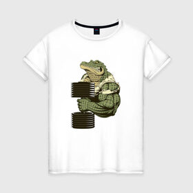 Женская футболка хлопок с принтом Крокодил в Курске, 100% хлопок | прямой крой, круглый вырез горловины, длина до линии бедер, слегка спущенное плечо | злой крокодил | крокодил | крокодил с гантелей | мускулистый крокодил | сильный крокодил