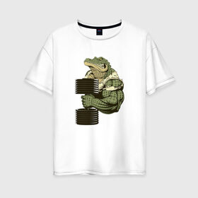 Женская футболка хлопок Oversize с принтом Крокодил в Курске, 100% хлопок | свободный крой, круглый ворот, спущенный рукав, длина до линии бедер
 | злой крокодил | крокодил | крокодил с гантелей | мускулистый крокодил | сильный крокодил