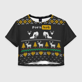 Женская футболка Crop-top 3D с принтом Pornhub свитер с оленями в Курске, 100% полиэстер | круглая горловина, длина футболки до линии талии, рукава с отворотами | 2021 | knit | knitted | merch | new year | sweater | ugly sweater | вязанный | вязяный | зимний | лого | логотип | мерч | новый год | олени | рождественский | рождественский свитер | рождес