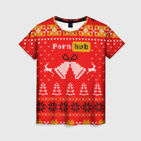 Женская футболка 3D с принтом Pornhub рождественский свитер в Курске, 100% полиэфир ( синтетическое хлопкоподобное полотно) | прямой крой, круглый вырез горловины, длина до линии бедер | 2021 | christmas | knit | knitted | merch | new year | sweater | ugly sweater | вязанный | вязяный | зимний | лого | логотип | мерч | новый год | олени | рождественский | рождество