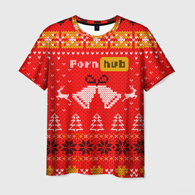 Мужская футболка 3D с принтом Pornhub рождественский свитер в Курске, 100% полиэфир | прямой крой, круглый вырез горловины, длина до линии бедер | 2021 | christmas | knit | knitted | merch | new year | sweater | ugly sweater | вязанный | вязяный | зимний | лого | логотип | мерч | новый год | олени | рождественский | рождество