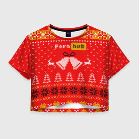 Женская футболка Crop-top 3D с принтом Pornhub рождественский свитер в Курске, 100% полиэстер | круглая горловина, длина футболки до линии талии, рукава с отворотами | 2021 | christmas | knit | knitted | merch | new year | sweater | ugly sweater | вязанный | вязяный | зимний | лого | логотип | мерч | новый год | олени | рождественский | рождество