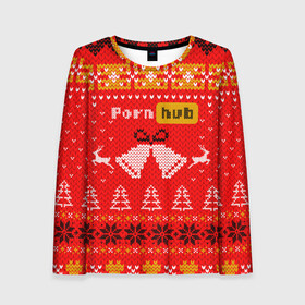 Женский лонгслив 3D с принтом Pornhub рождественский свитер в Курске, 100% полиэстер | длинные рукава, круглый вырез горловины, полуприлегающий силуэт | 2021 | christmas | knit | knitted | merch | new year | sweater | ugly sweater | вязанный | вязяный | зимний | лого | логотип | мерч | новый год | олени | рождественский | рождество