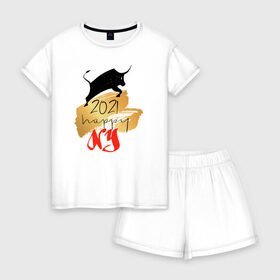 Женская пижама с шортиками хлопок с принтом Год Быка 2021 в Курске, 100% хлопок | футболка прямого кроя, шорты свободные с широкой мягкой резинкой | 