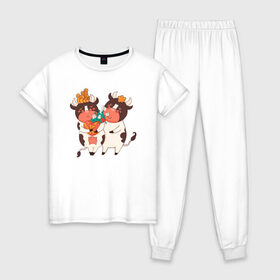 Женская пижама хлопок с принтом Влюбленные бычок и корова в Курске, 100% хлопок | брюки и футболка прямого кроя, без карманов, на брюках мягкая резинка на поясе и по низу штанин | 