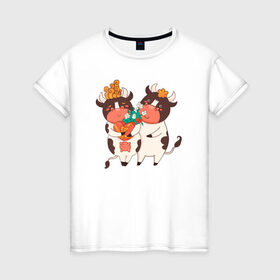 Женская футболка хлопок с принтом Влюбленные бычок и корова в Курске, 100% хлопок | прямой крой, круглый вырез горловины, длина до линии бедер, слегка спущенное плечо | 
