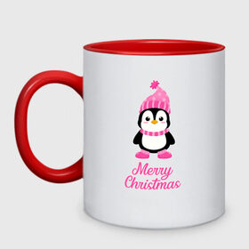 Кружка двухцветная с принтом Пингвин в Курске, керамика | объем — 330 мл, диаметр — 80 мм. Цветная ручка и кайма сверху, в некоторых цветах — вся внутренняя часть | 2021 | merry christmas | белка | год быка | дед мороз | детская | дух  рождества | дух нового года | енот | животное | лиса | милый пингвин | новогодняя | пенгвин | пингвин | пингвиненок | пингвины | праздник