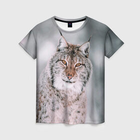 Женская футболка 3D с принтом Рысь в Курске, 100% полиэфир ( синтетическое хлопкоподобное полотно) | прямой крой, круглый вырез горловины, длина до линии бедер | cat | животные | звири | кис | киска | кот | котейка | котик | коты | котяра | кошка | кошки | природа | рысь