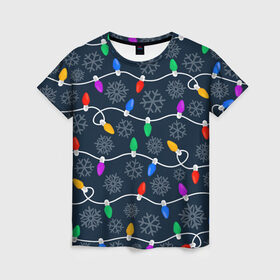 Женская футболка 3D с принтом Новогодная Гирлянда в Курске, 100% полиэфир ( синтетическое хлопкоподобное полотно) | прямой крой, круглый вырез горловины, длина до линии бедер | 