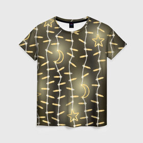 Женская футболка 3D с принтом Золотая Гирлянда в Курске, 100% полиэфир ( синтетическое хлопкоподобное полотно) | прямой крой, круглый вырез горловины, длина до линии бедер | 