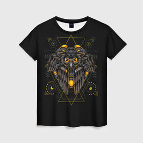 Женская футболка 3D с принтом Киберсова в Курске, 100% полиэфир ( синтетическое хлопкоподобное полотно) | прямой крой, круглый вырез горловины, длина до линии бедер | black | киберпанк | робот | символ | сова | черная