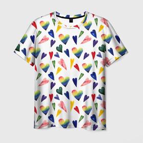 Мужская футболка 3D с принтом Пастельные сердца в Курске, 100% полиэфир | прямой крой, круглый вырез горловины, длина до линии бедер | gradient | heart | pastel | pattern | rainbow | watercolor | акварель | градиент | пастель | радуга | сердце | узор