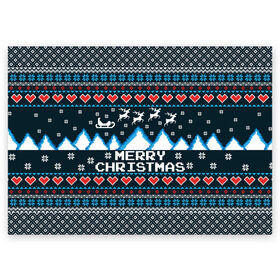 Поздравительная открытка с принтом Свитер Merry Christmas в Курске, 100% бумага | плотность бумаги 280 г/м2, матовая, на обратной стороне линовка и место для марки
 | Тематика изображения на принте: 8бит | merry christmas | вязаный | горы | новый год | олени | пиксельный | ретро | рождество | свитер | узор