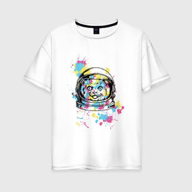 Женская футболка хлопок Oversize с принтом Кот-космонавт в Курске, 100% хлопок | свободный крой, круглый ворот, спущенный рукав, длина до линии бедер
 | 