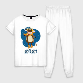 Женская пижама хлопок с принтом Год быка 2021 в Курске, 100% хлопок | брюки и футболка прямого кроя, без карманов, на брюках мягкая резинка на поясе и по низу штанин | 