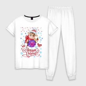Женская пижама хлопок с принтом Год быка в Курске, 100% хлопок | брюки и футболка прямого кроя, без карманов, на брюках мягкая резинка на поясе и по низу штанин | 