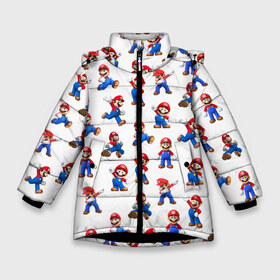 Зимняя куртка для девочек 3D с принтом Mario в Курске, ткань верха — 100% полиэстер; подклад — 100% полиэстер, утеплитель — 100% полиэстер. | длина ниже бедра, удлиненная спинка, воротник стойка и отстегивающийся капюшон. Есть боковые карманы с листочкой на кнопках, утяжки по низу изделия и внутренний карман на молнии. 

Предусмотрены светоотражающий принт на спинке, радужный светоотражающий элемент на пуллере молнии и на резинке для утяжки. | Тематика изображения на принте: mario | mario brothers | old game | retro game | super mario | super mario bros | super mario odyssey | водопроводчик | девочкам | детям | классика | мальчикам | марио | персонажи игр | рабочий | ретро игры | старые игры | супер ма