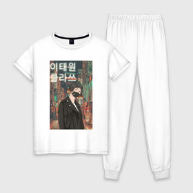 Женская пижама хлопок с принтом Итэвон класс в Курске, 100% хлопок | брюки и футболка прямого кроя, без карманов, на брюках мягкая резинка на поясе и по низу штанин | дорама | итэвон класс | корея
