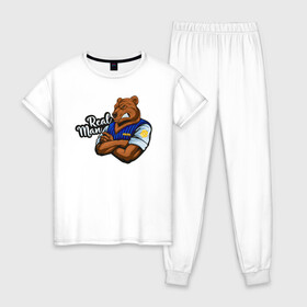 Женская пижама хлопок с принтом Крутой медведь mr Bear в Курске, 100% хлопок | брюки и футболка прямого кроя, без карманов, на брюках мягкая резинка на поясе и по низу штанин | Тематика изображения на принте: 23 февраля | bear | real man | военный | дерзкий | клыки | крутой | медведь | милиция | мишка | мужик | мускулы | опасный | парень | прикольный | реальный | русский | сильный