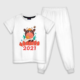Детская пижама хлопок с принтом Довольный бык 2021 в Курске, 100% хлопок |  брюки и футболка прямого кроя, без карманов, на брюках мягкая резинка на поясе и по низу штанин
 | Тематика изображения на принте: 